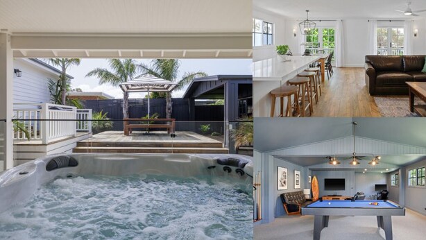 Ein modernes Haus mit Whirlpool, Pool, Essbereich und Wohnzimmer mit Billardtisch.