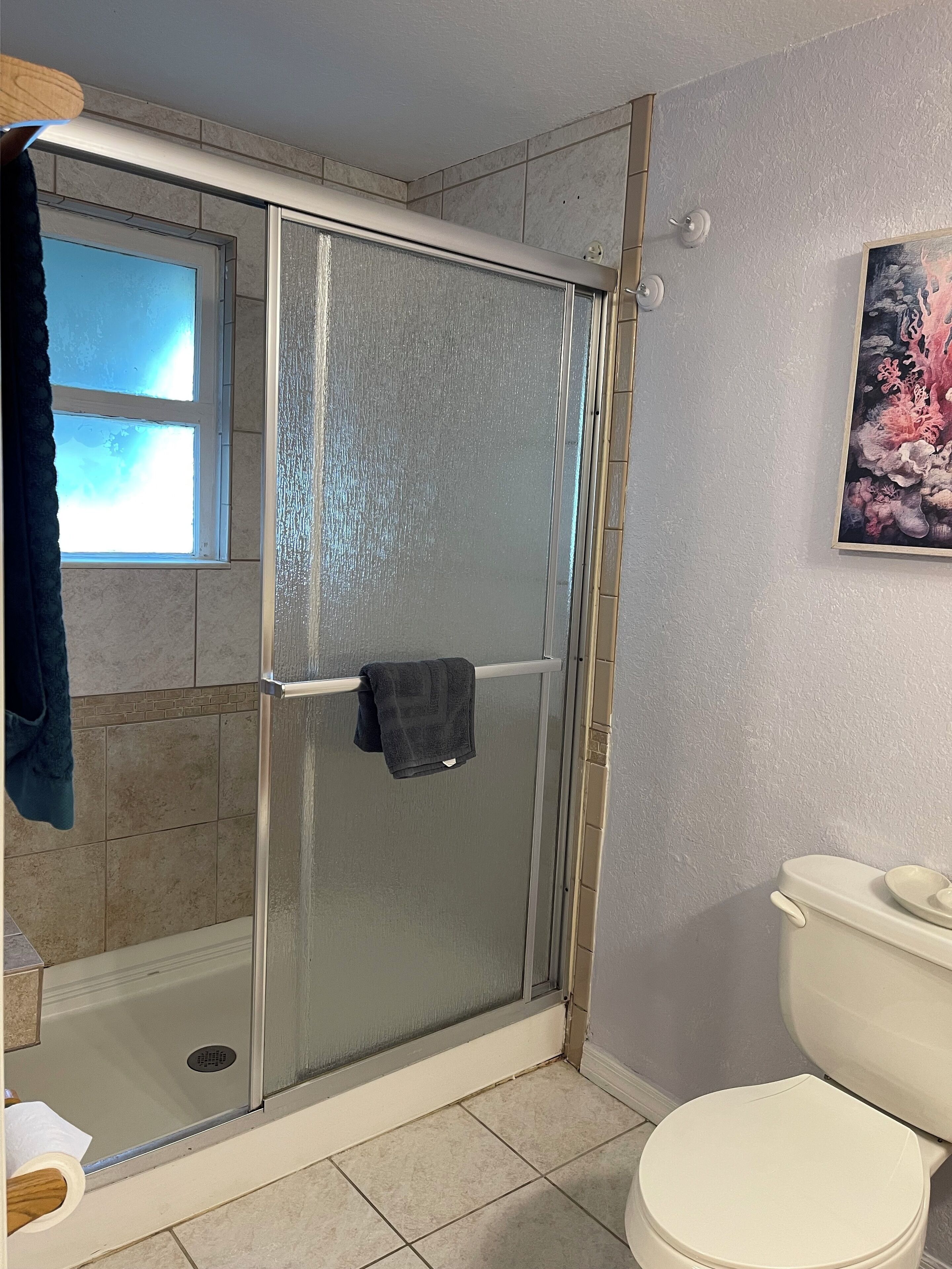 A bathroom with a glass shower enclosure, a toilet, and a window.