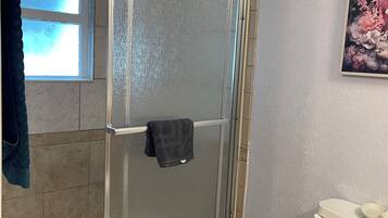 A bathroom with a glass shower enclosure, a toilet, and a window.