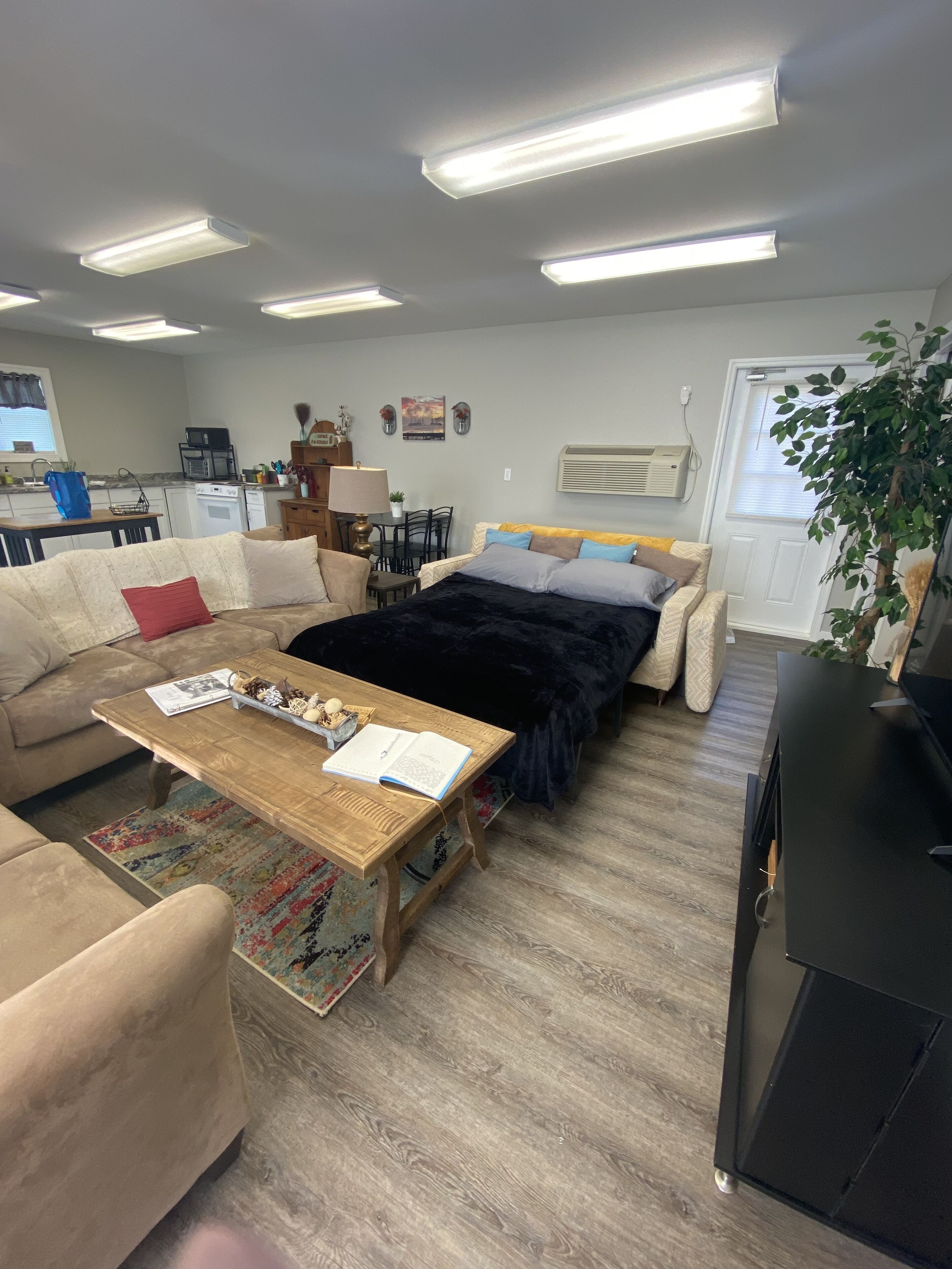 Una sala de estar con sofá, una mesa de centro, cama y mueble para televisión.