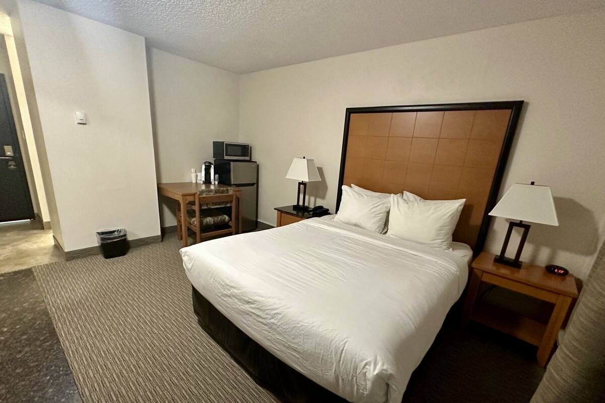 A hotel room with a large bed, two bedside tables, a desk with a chair, a TV, and a microwave.