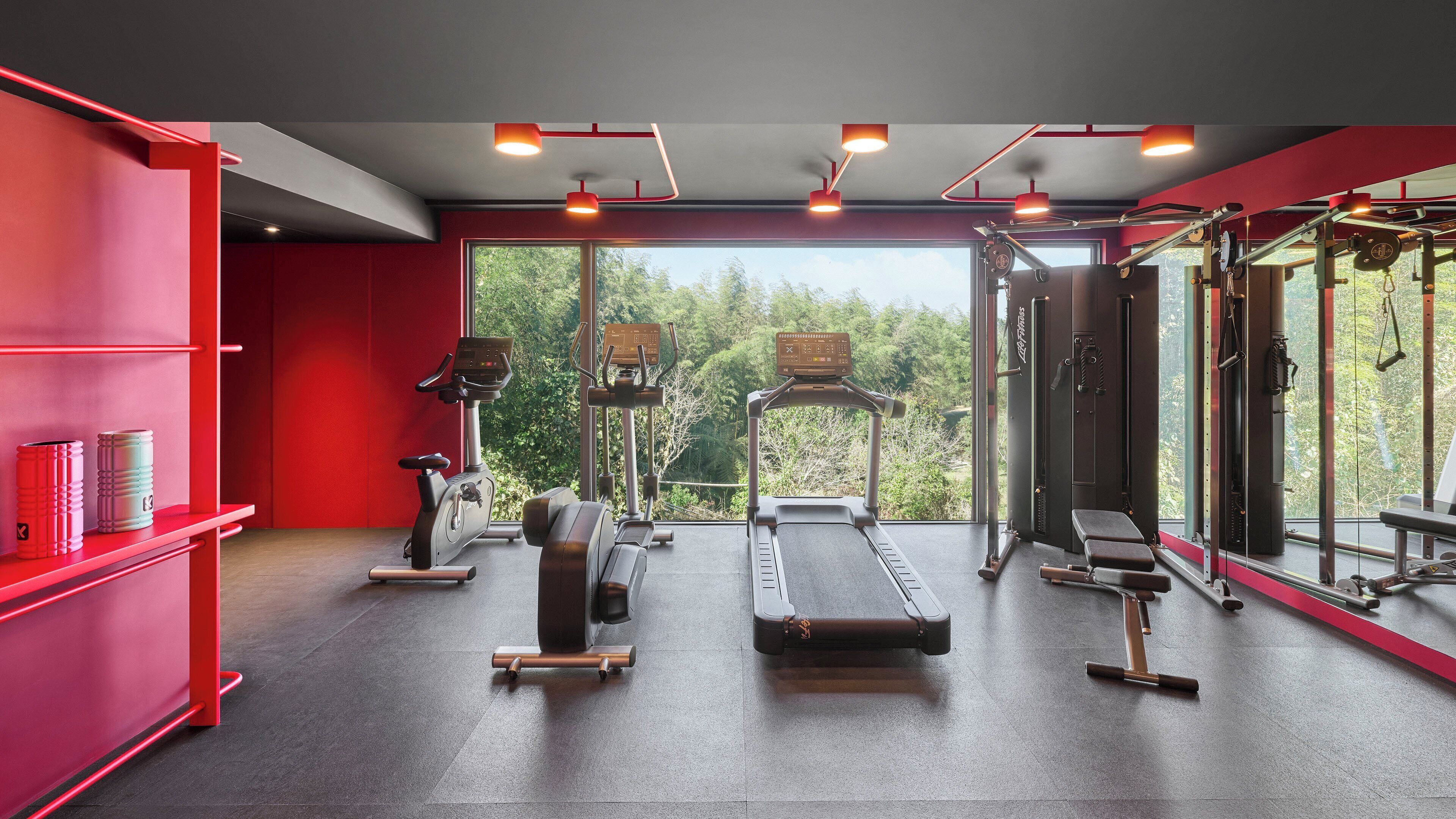 A gym with exercise equipment, a treadmill, and a large window offering a view of greenery.