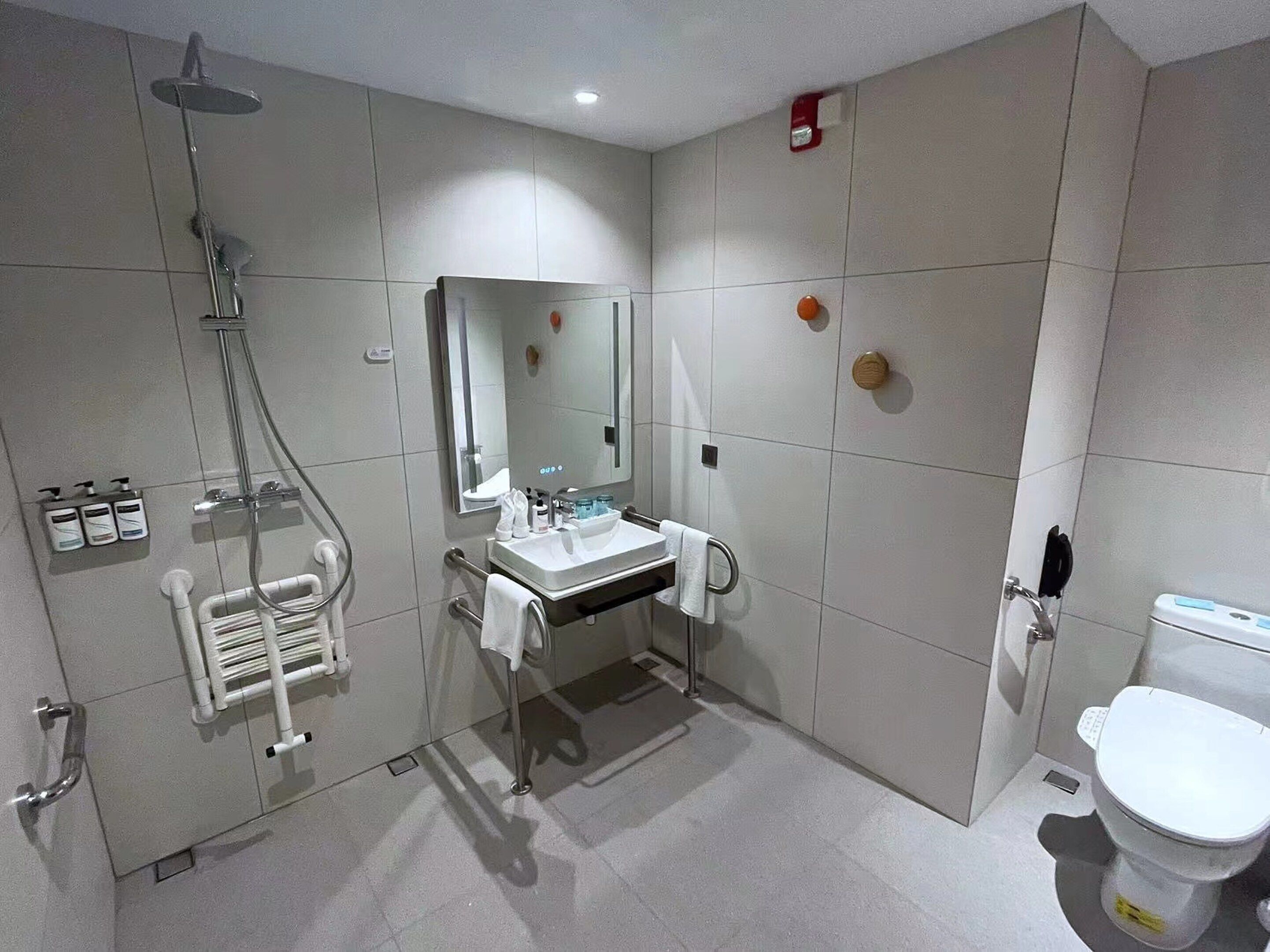 A modern bathroom with a shower, sink, mirror, and toilet.
