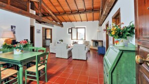 Un intérieur rustique avec un plafond en bois, un coin repas avec des chaises vertes, un ensemble de canapés et une cheminée.