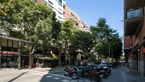 A street lined with parked motorcycles, a crosswalk, and multi-story buildings with balconies. - Sagrada Familia bright apartment with balcony (08013 Barcelona)