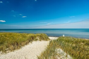 Un sentier qui longe la plage et mène à la mer, avec du sable et de l’herbe.