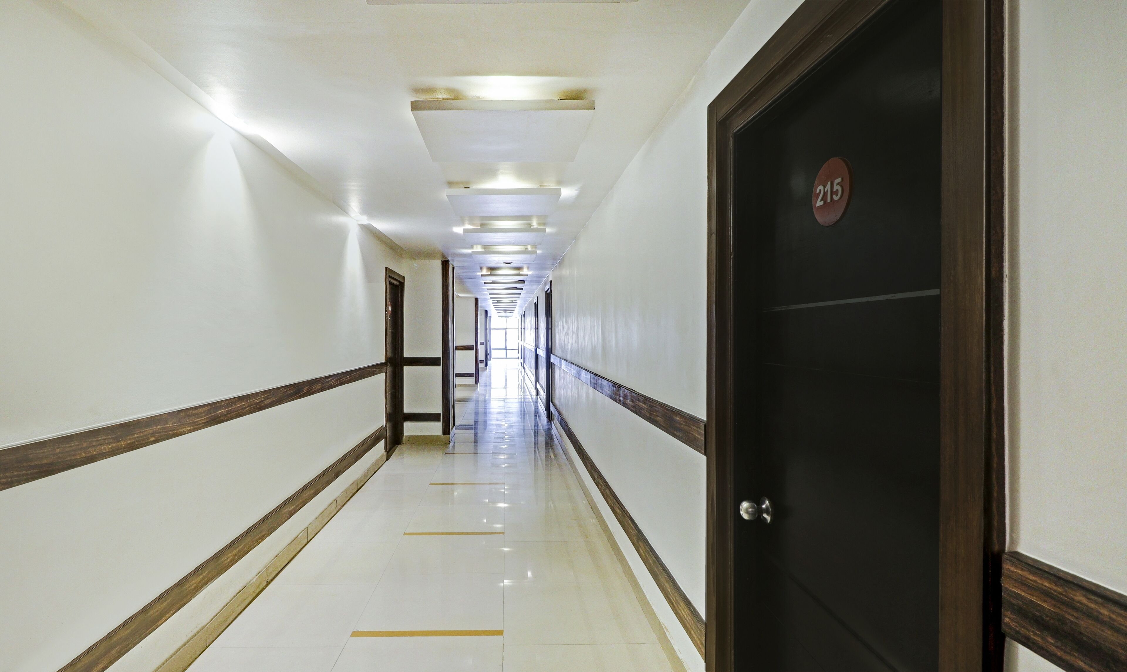A long, narrow hallway with white walls and a dark wooden door on the right.