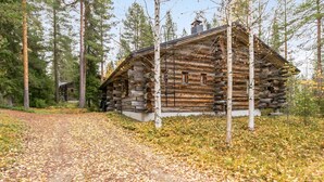 Una cabaña de troncos con un sendero de tierra que lleva a ella, rodeada de árboles y hojas caídas.