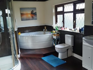 Separate tub and shower, deep soaking tub, hair dryer, towels