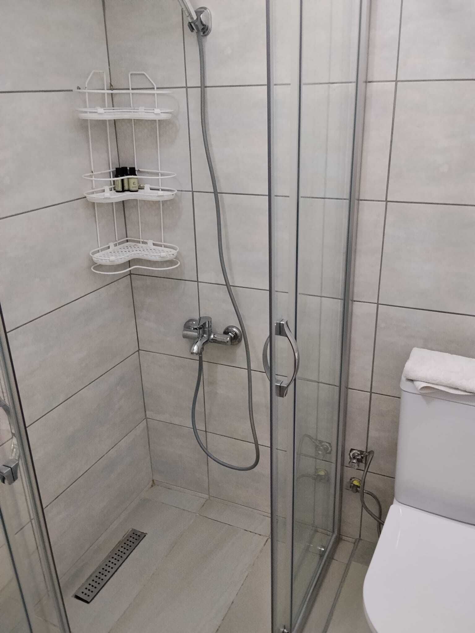 Ein Duschbereich mit Glastür, einem weißen Waschbecken und einer Toilette.