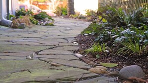 A stone pathway with greenery and rocks. - Private, cozy, airy garden studio suite, for 1 or 2 guests (Portland)
