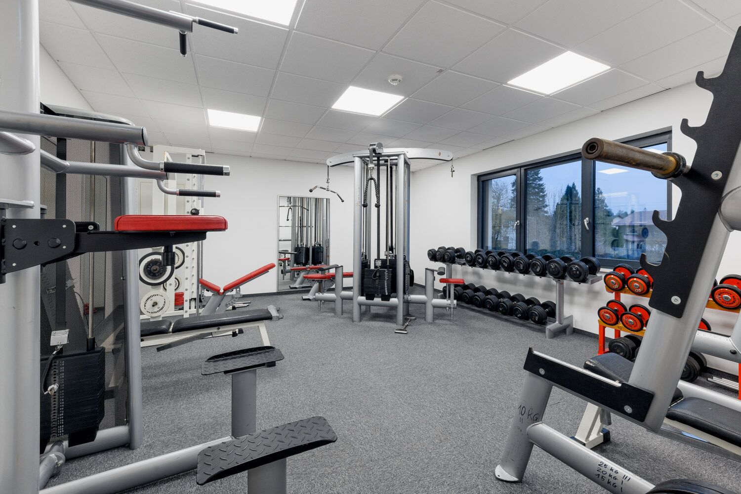 Uma academia com diversos equipamentos de exercícios, incluindo halteres e máquinas de musculação.