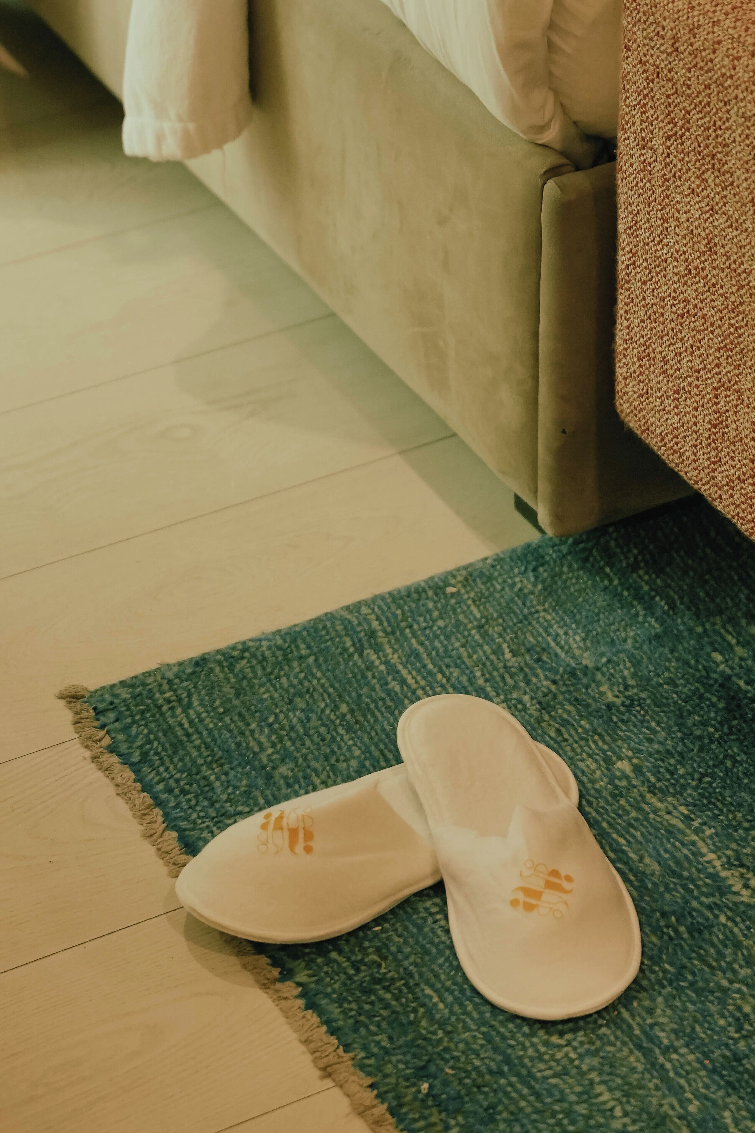 Un par de pantuflas sobre una alfombra verde al lado de un sofá.