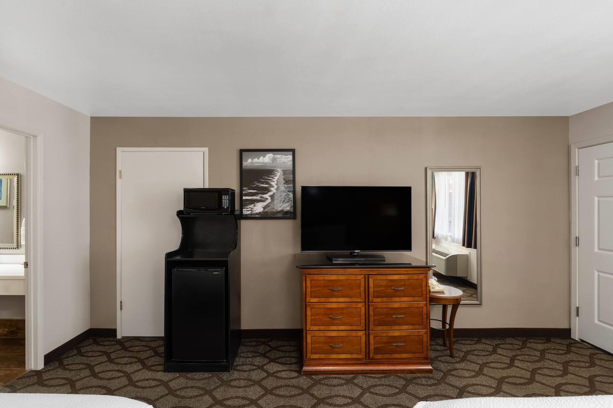 A hotel room with a bed, a television, a minibar, a dresser, and a framed picture on the wall.