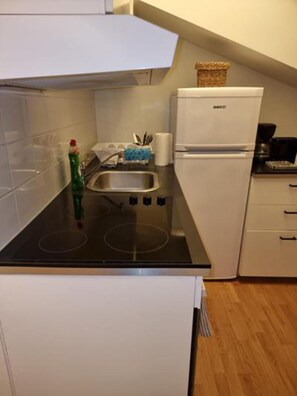 Appartement | Privékeuken | Een koelkast, een magnetron, een oven, een kookplaat