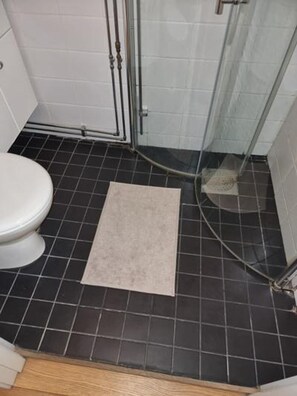 A bathroom with a white toilet, a glass shower enclosure, and a dark tiled floor.