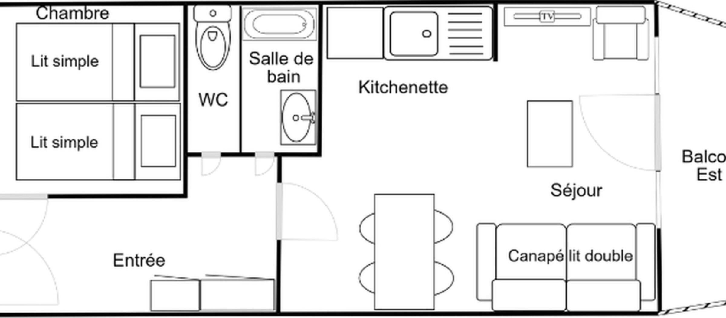 A hotel room layout with a simple bedroom, WC, kitchenette, balcony, and a double bed.