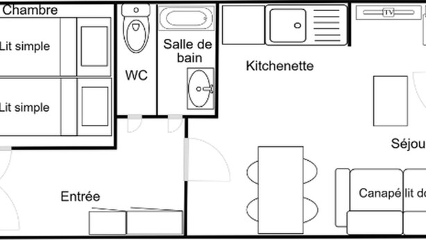 A hotel room layout with a simple bedroom, WC, kitchenette, balcony, and a double bed.