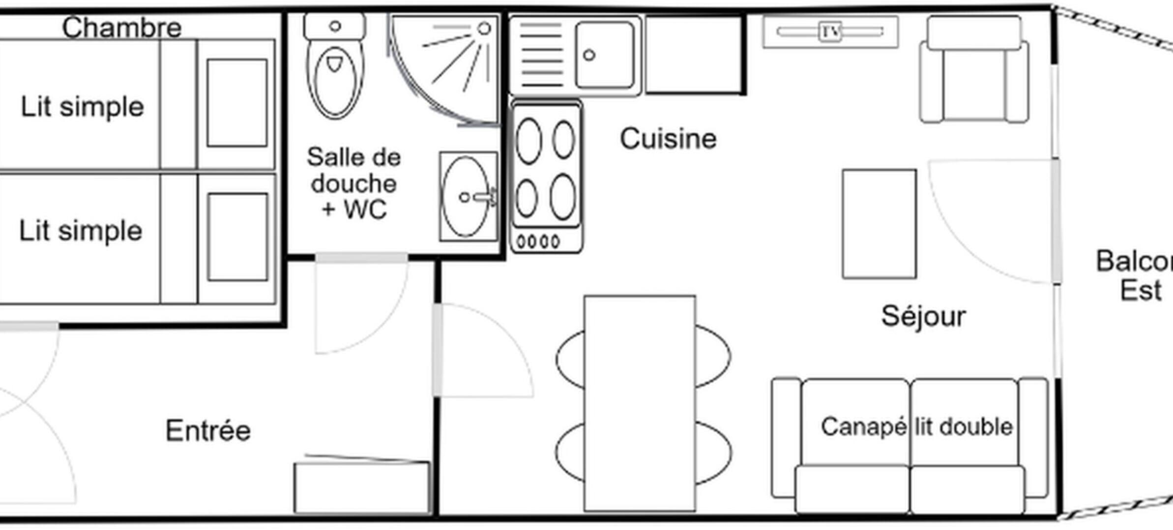 A floor plan with a living room, kitchen, bathroom, and balcony.