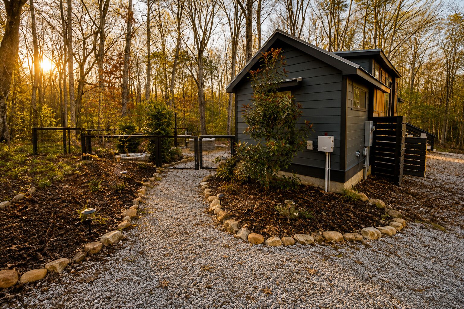 A small cabin with a gravel path leading to it, surrounded by a fence and trees.