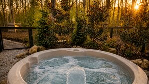 Een hottub omringd door bebossing, met een houten bankje en een hek.
