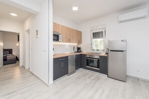 Classic Apartment (A2) | Cocina privada | Frigorífico, microondas, horno y placa de cocina