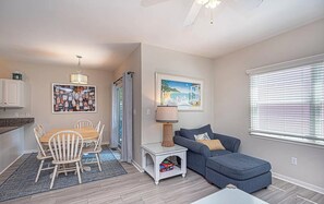 Flat-screen TV, fireplace