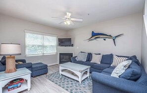 Flat-screen TV, fireplace