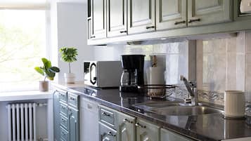 Classic Apartment | Private kitchen | Fridge, microwave, oven, stovetop