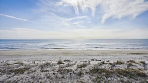Ein Strand mit Holzzaun und spärlicher Vegetation.