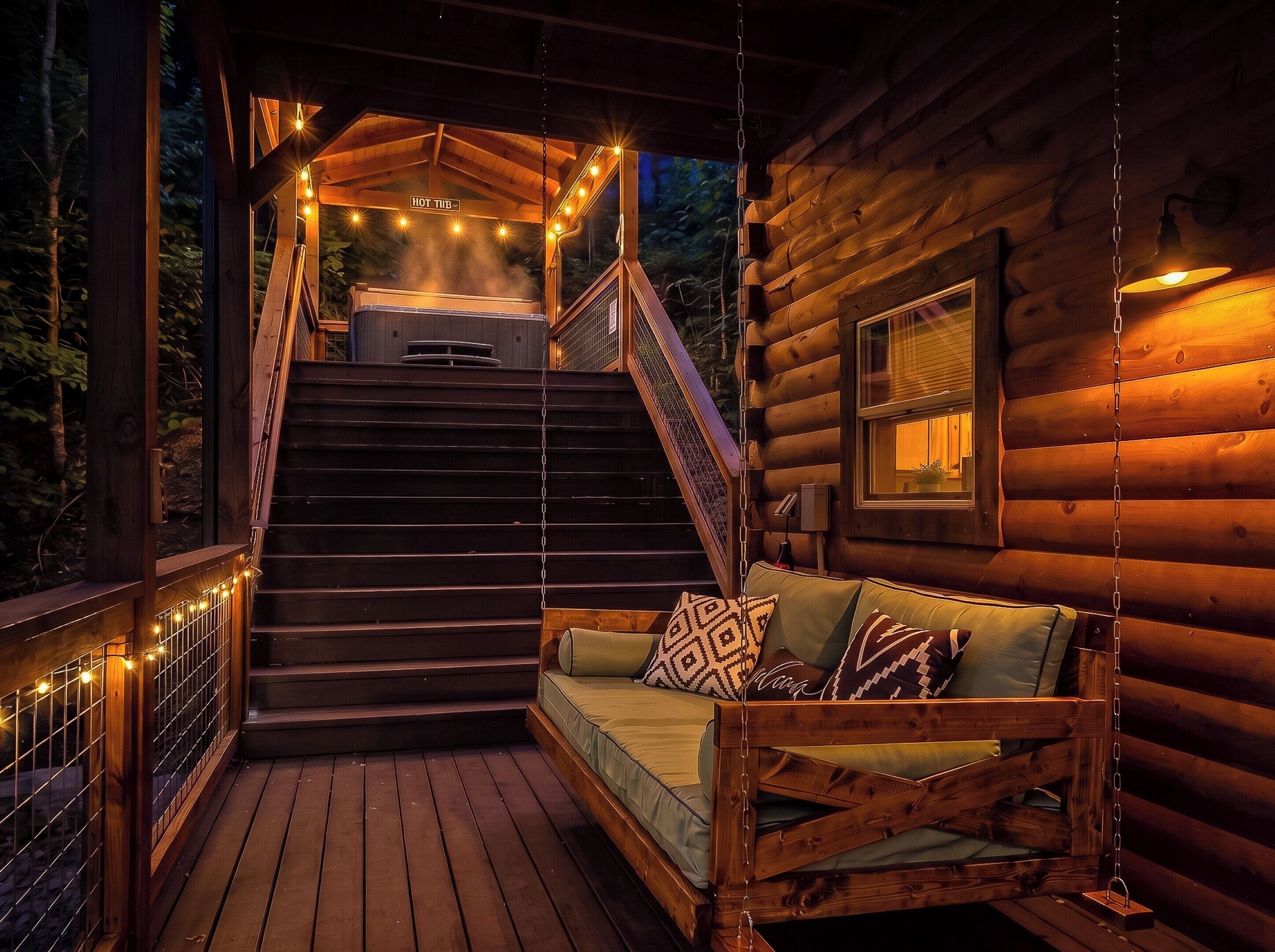 A wooden cabin with a wooden staircase leading to a hot tub, a wooden deck with string lights, and a sofa with cushions.