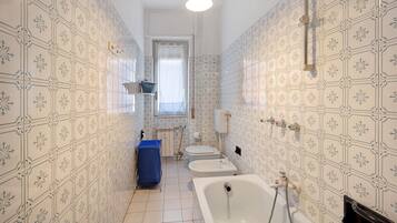 Bathtub, hair dryer, towels