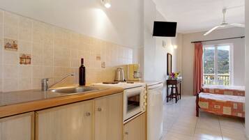 Fridge, oven, stovetop, coffee/tea maker