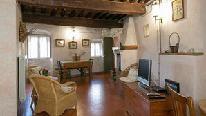 Una sala de estar acogedora con chimenea, mobiliario de mimbre, televisor y un comedor.