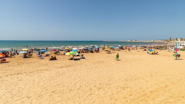 A beach with numerous umbrellas and beach chairs, a clear sky, and a calm sea.