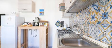 Kjøleskap, ovn, kokeplater og kaffetrakter/tekoker