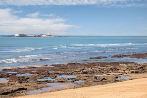 Una spiaggia con terreno roccioso e una vista lontana di un faro.