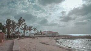 En ejendom ved stranden med en buet sti, palmer og en bygning med rødt tag.