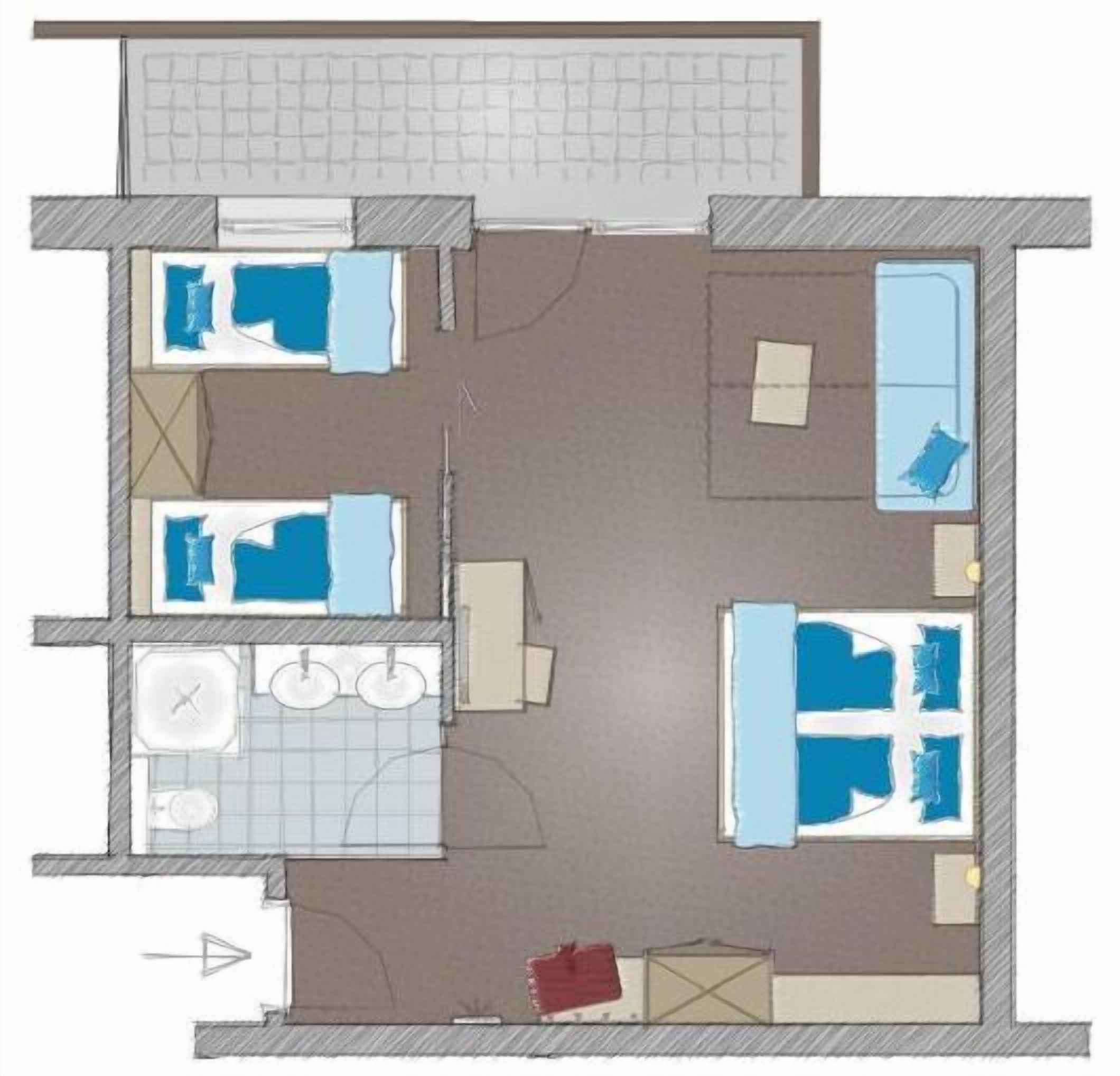 A floor plan of a hotel room with a bed, a desk, a chair, a small table, a sofa, and a bathroom.
