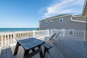 Outdoor dining - Dream Catcher - Nags Head MP 12, Oceanfront, Elevator, Pool, Hot Tub, Pets OK, YR Flex (Nags Head)
