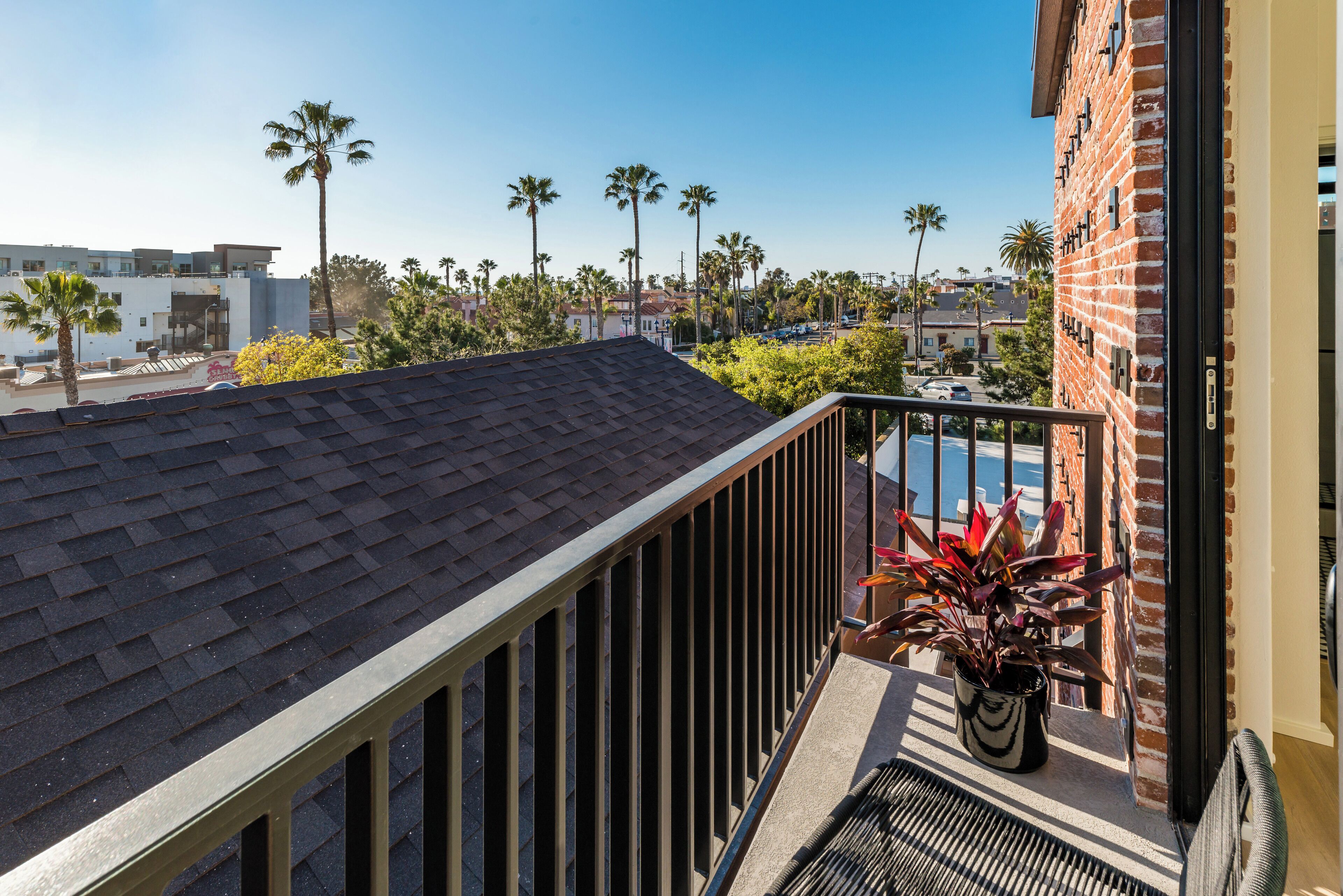 A balcony with a view of a swimming pool, palm trees, and a brick building.