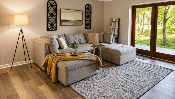 A living room with a sofa, a floor lamp, a rug, and a window with a view of trees. - Mountain View Hideaway On A Golf course, Close To Downtown Gatlinburg, Sleeps 6 (Gatlinburg)