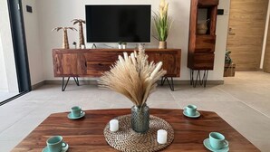 A modern living room with a wooden coffee table, a flat-screen TV, and a decorative vase with dried plants. - Waterfront terrace apartment in PORTICCIO (Grosseto-Prugna)