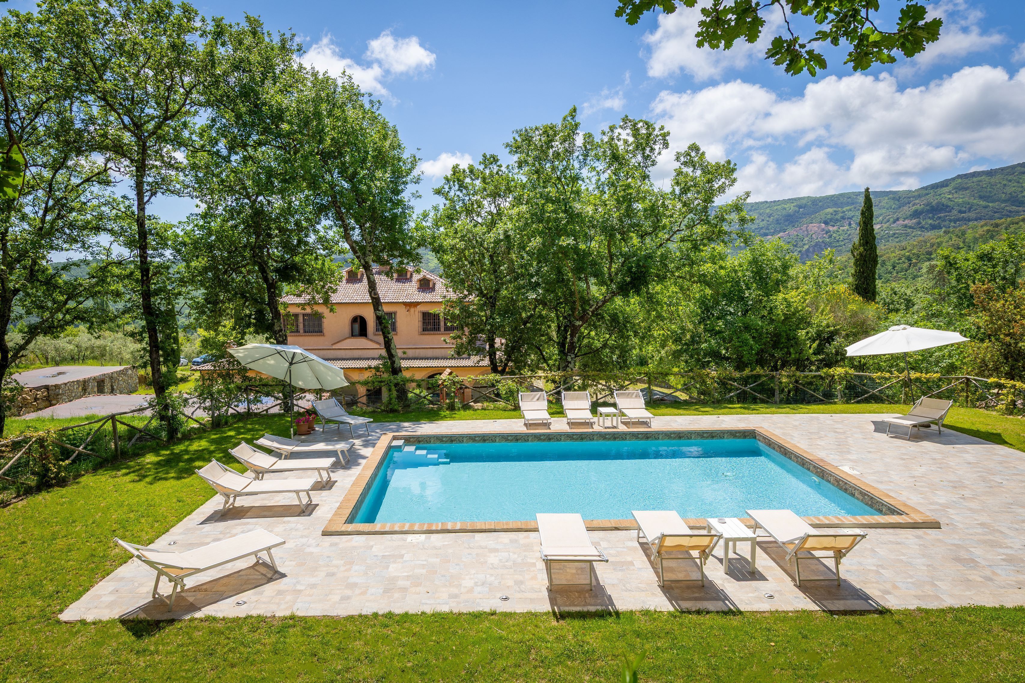 A rectangular swimming pool with lounge chairs and umbrellas, surrounded by a well-maintained lawn and trees.