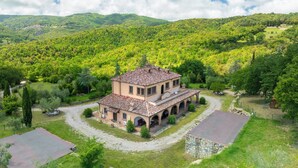 Une maison à deux étages, avec un toit en tuiles, entourée d’une végétation luxuriante et de collines.