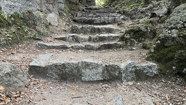 Eine steinerne Treppe führt einen steinigen Pfad entlang, der von Bäumen gesäumt wird.