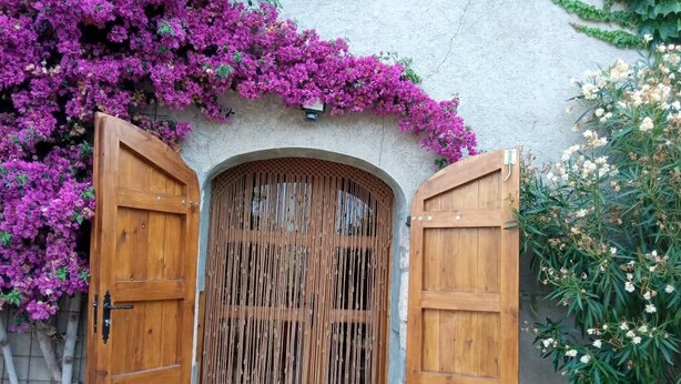 A wooden gate with a woven curtain, surrounded by purple bougainvillea and white flowers. - Charming farmhouse, surrounded by vineyards with a private pool in the  nature (Castellet i La Gornal)
