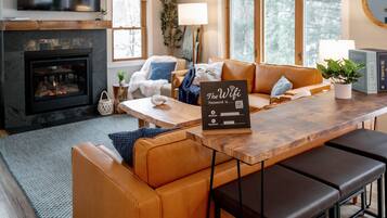 Smart TV, fireplace, books