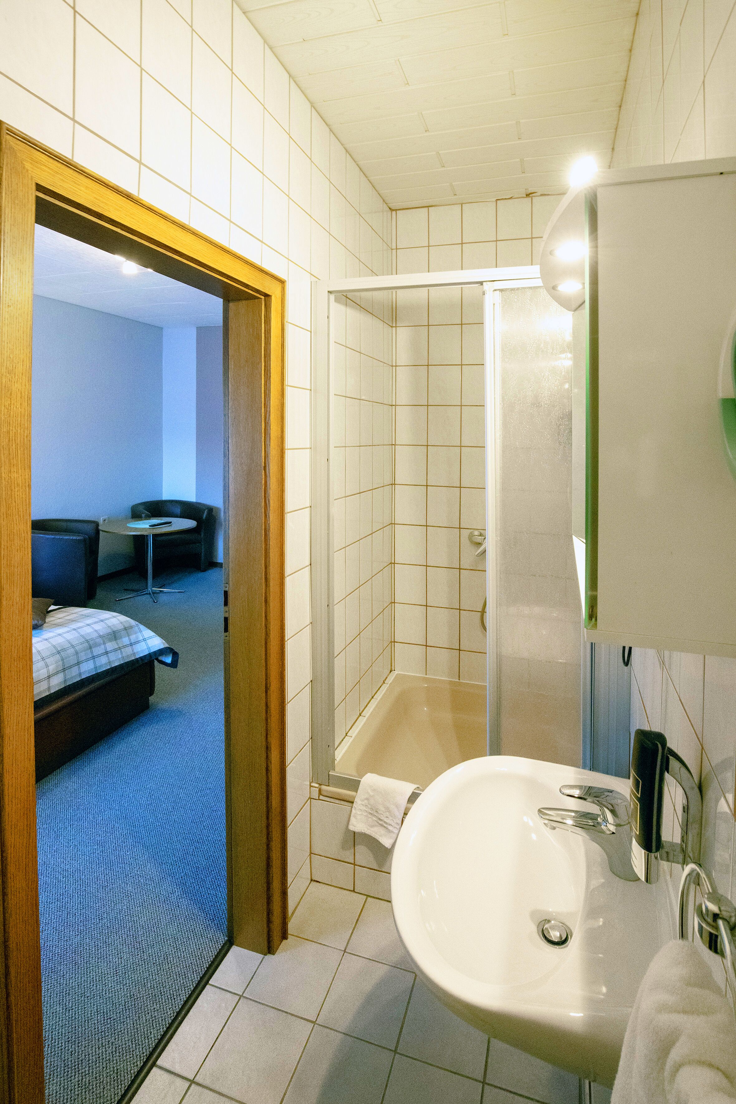 A hotel bathroom with a sink, mirror, and shower.