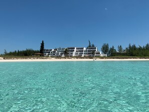 On the beach, sun-loungers, beach towels